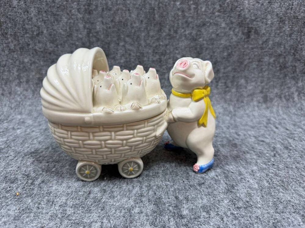 Vintage FF Japan 1985 Pig Ceramic Covered Candy Dish Pig Cart Figurine